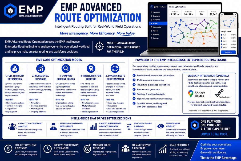 EMP Advanced Route Optimization overview showing route planning, workload intelligence and live data options